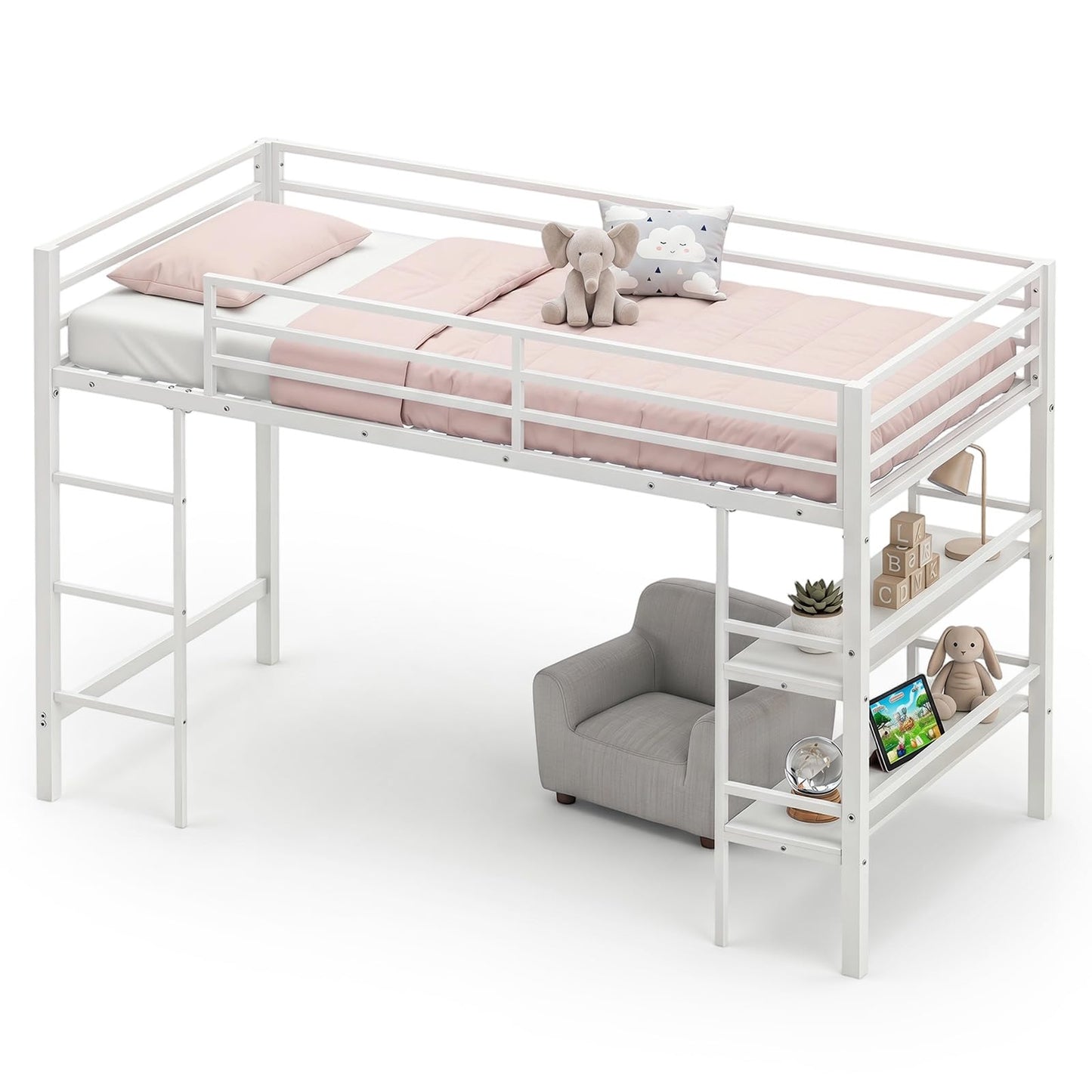 Kids Loft Bed, Metal Single Size Low Loft Bed with Under-Bed Space