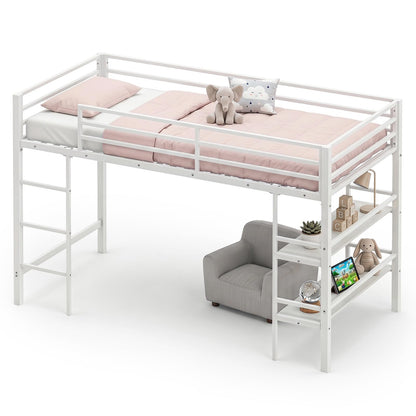 Kids Loft Bed, Metal Single Size Low Loft Bed with Under-Bed Space