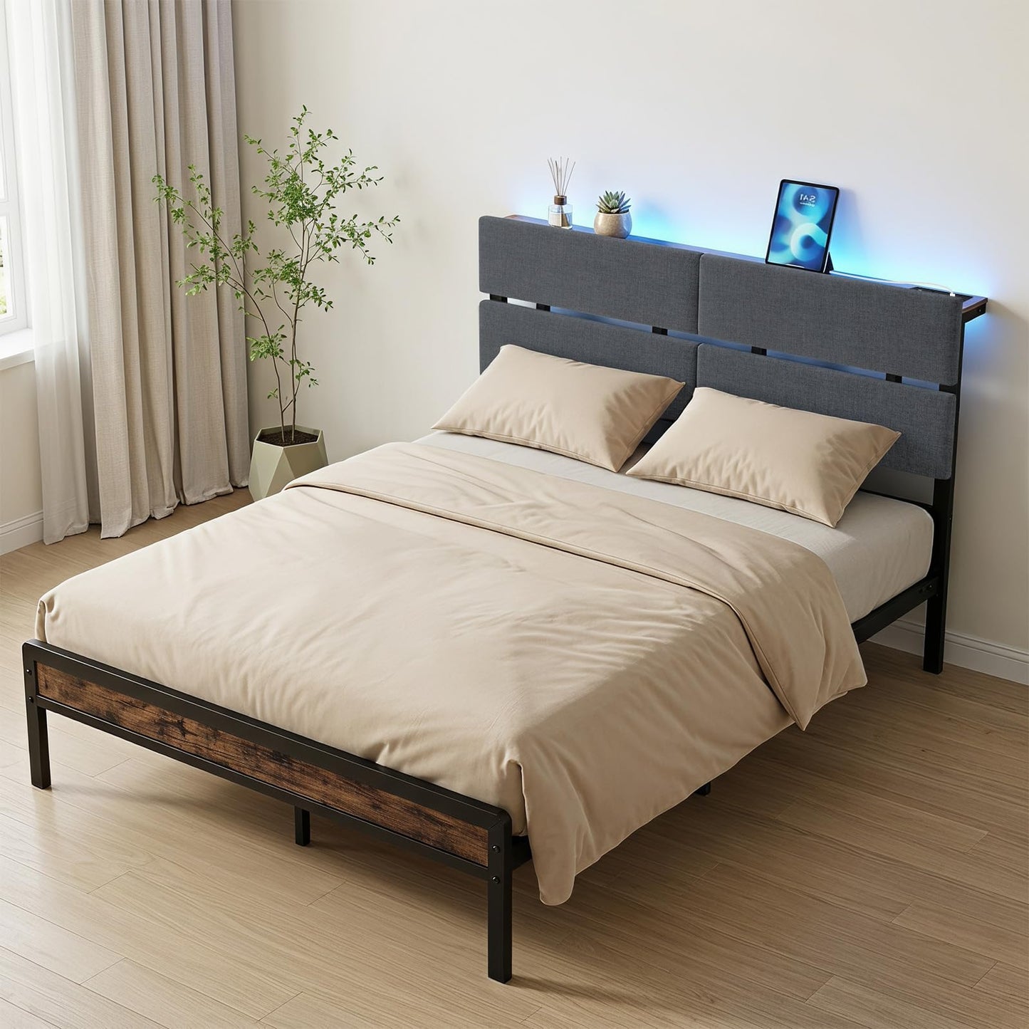 Double Bed Frame with LED Lights, Charging Station