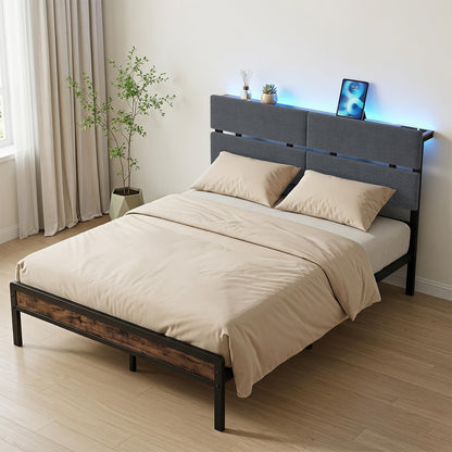 Double Bed Frame with LED Lights, Charging Station