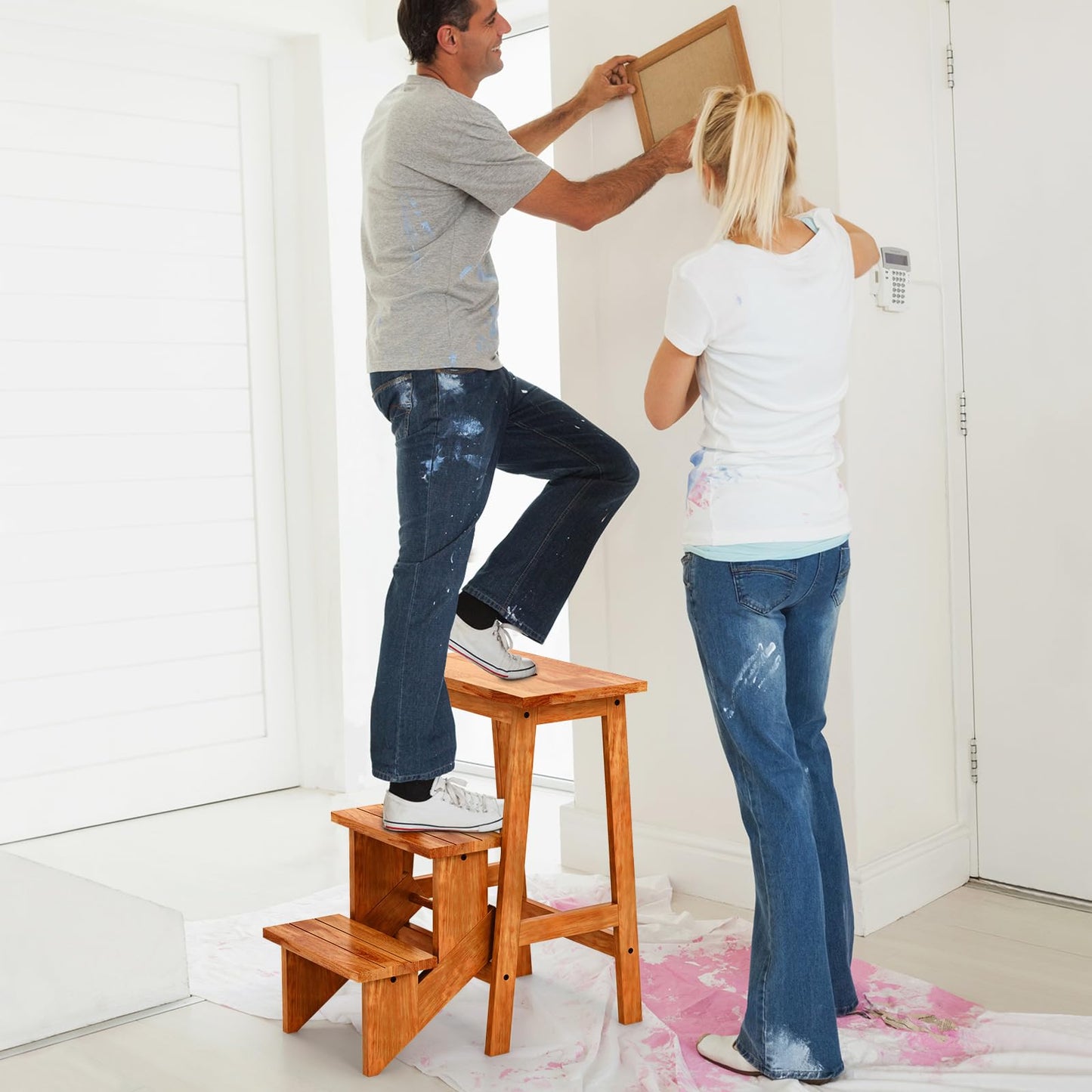 3 Tier Folding Step Stool Rubber Wood Ladder Chair with Handle