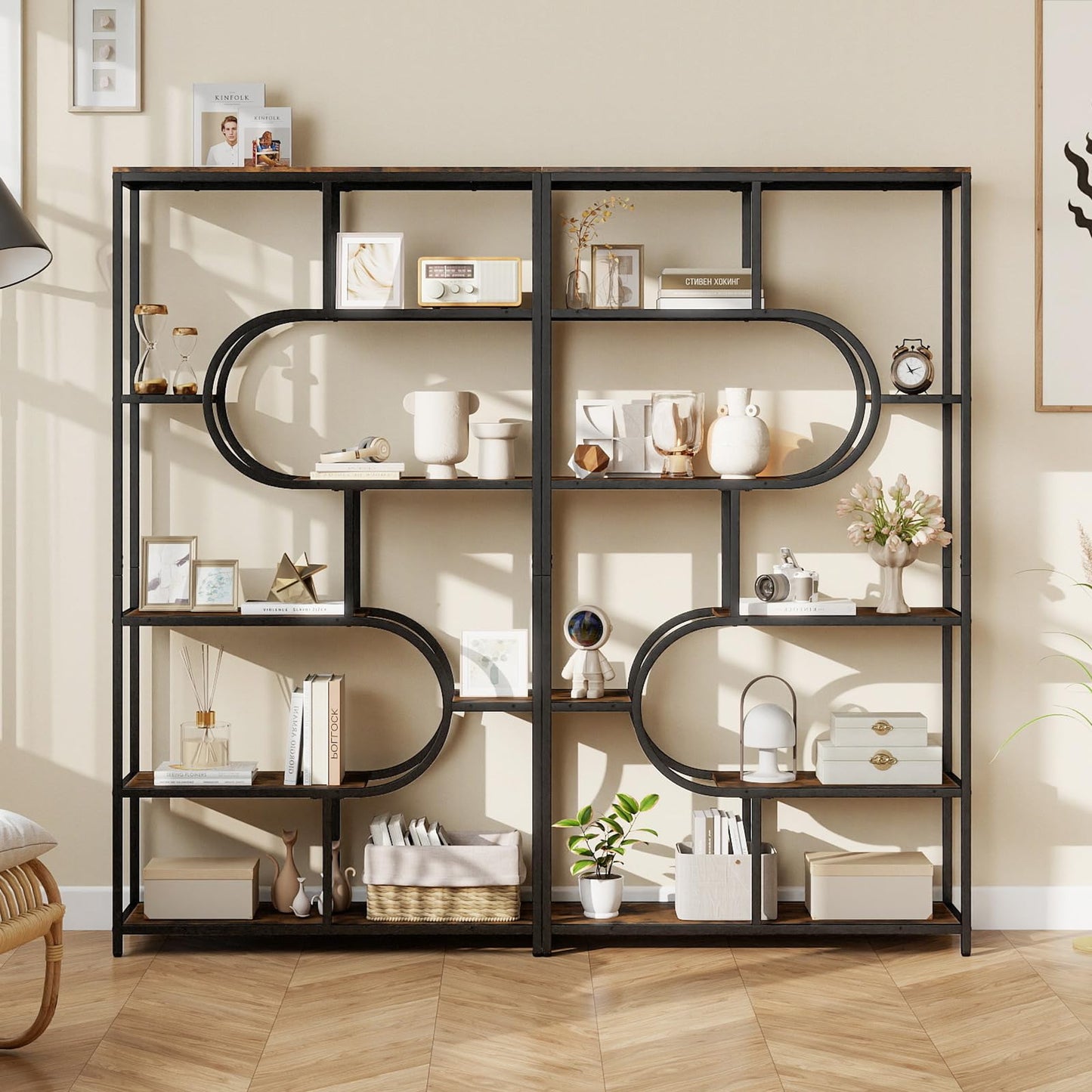 Industrial Etagere Bookcase with Open Storage Shelves and Metal Frame