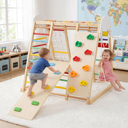 Indoor Climbing Frame, 8 in 1 Wooden Kids Jungle Gym with Swing