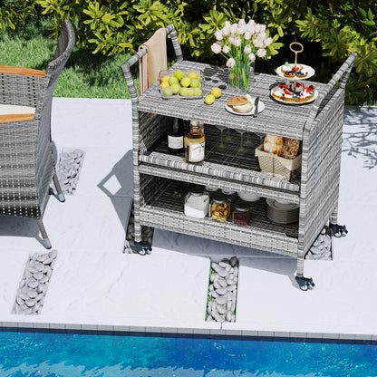 Outdoor Bar Cart 3-Tier Patio Rattan Storage Shelf Wicker Serving Table