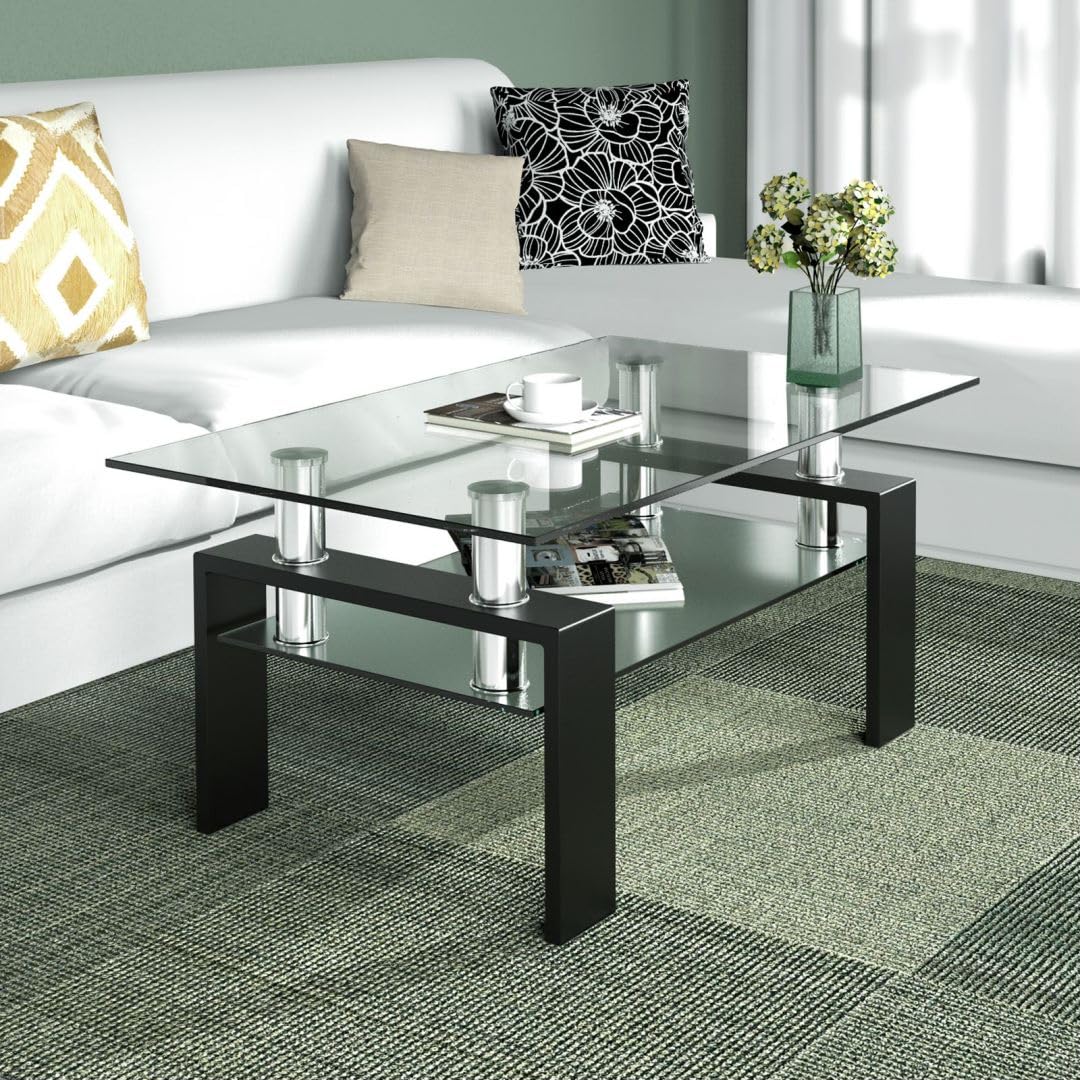 2-Tier Coffee Table, Tempered Glass Rectangle Sofa Side Table