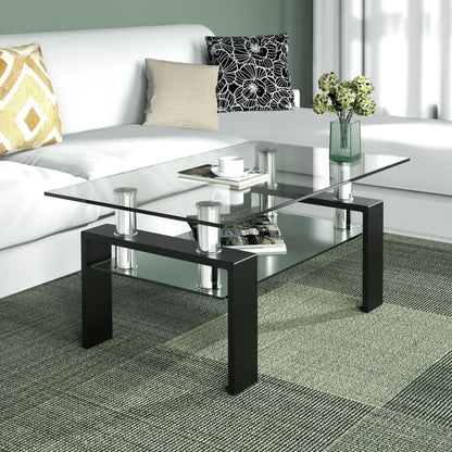 2-Tier Coffee Table, Tempered Glass Rectangle Sofa Side Table