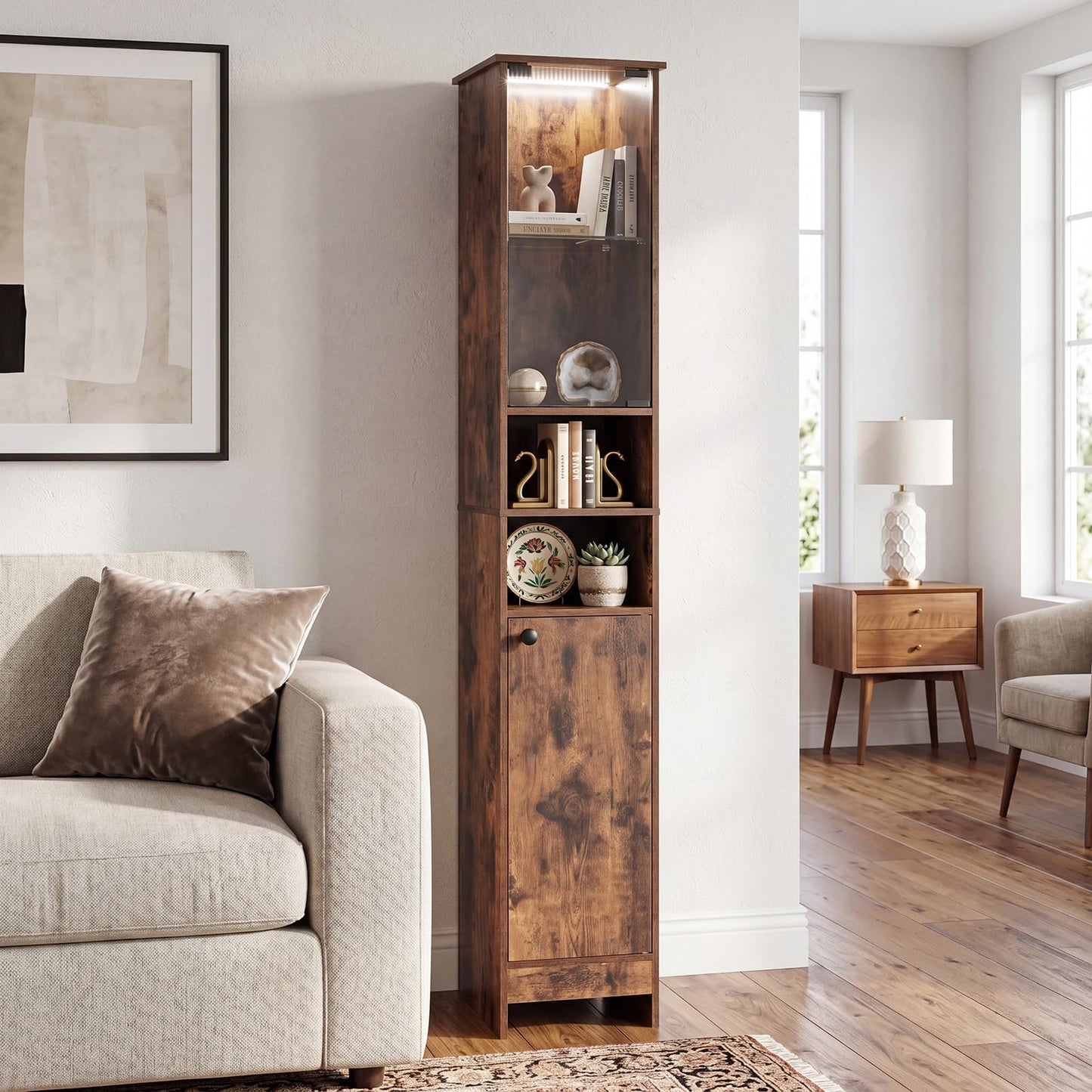 Tall Bathroom Cabinet with Lights Remote Control Open Shelves and Adjustable Shelves