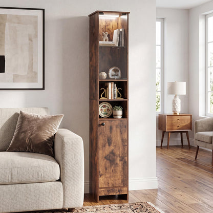 Tall Bathroom Cabinet with Lights Remote Control Open Shelves and Adjustable Shelves