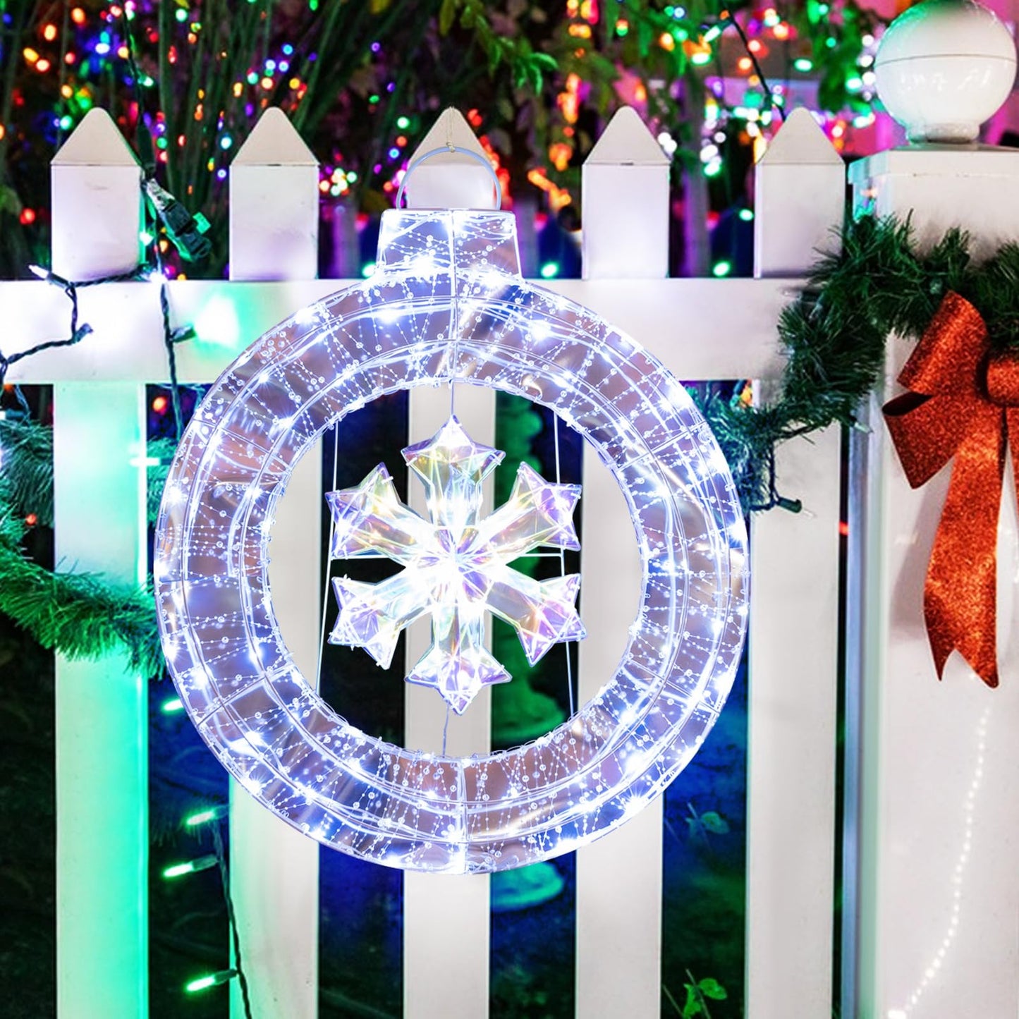 33 Inch Lighted Snowflake Wreath with Hanging Ring and Support Bracket