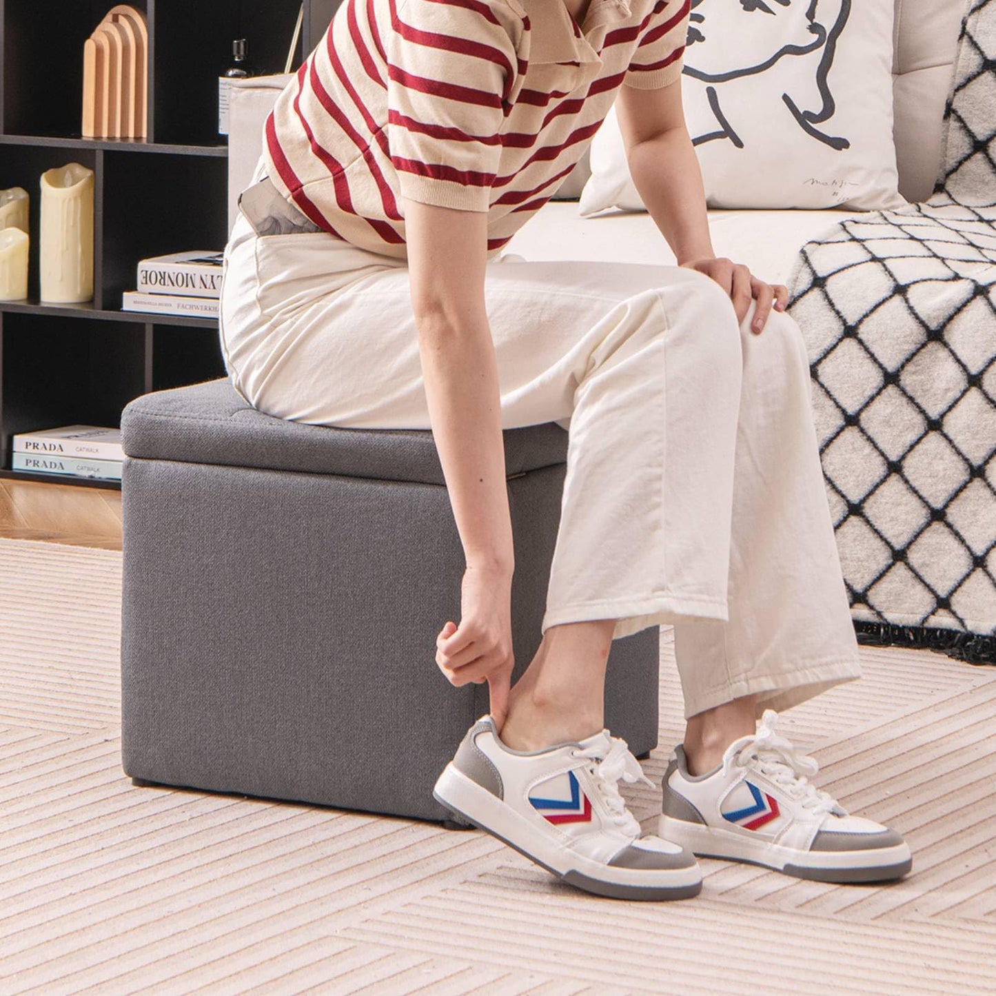 40 cm Square Storage Ottoman Linen Fabric Footstool with Lid
