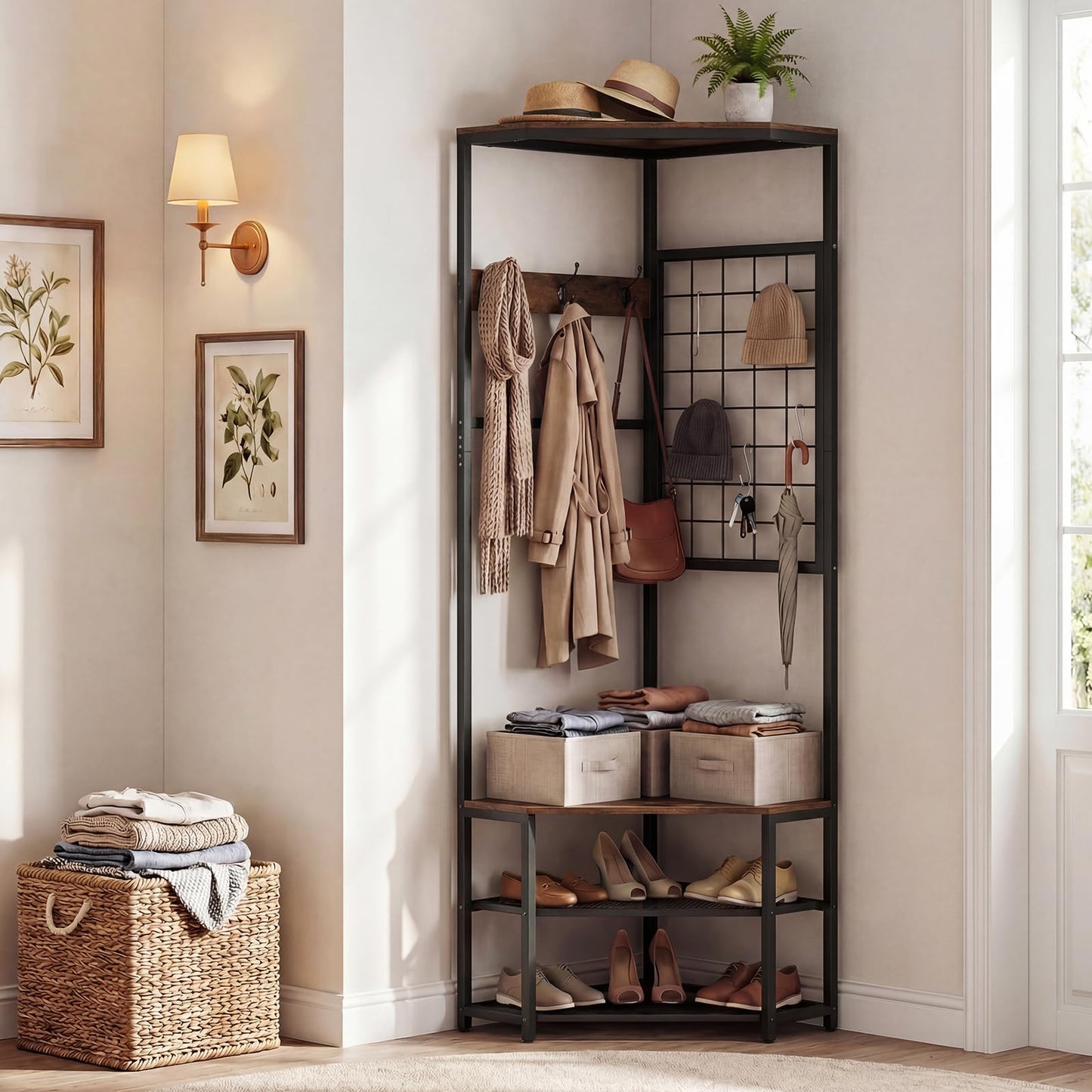 4-in-1 Freestanding Coat Rack with Storage Shelves Removable Hooks and Shoe Racks