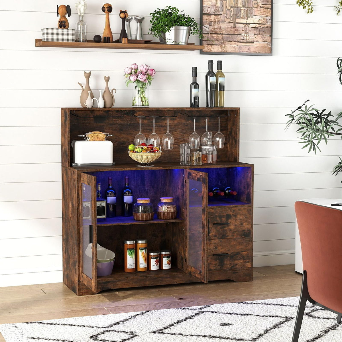 Wine Bar Cabinet with LED Lights & Charging Station