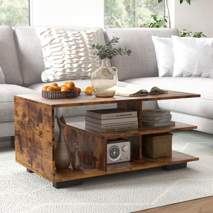 Coffee Table 3 Tier Rectangular Center with L Shaped Middle Shelf