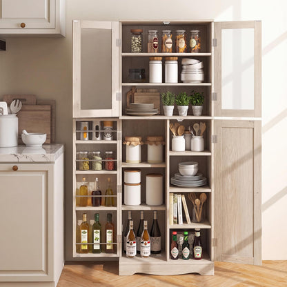 Kitchen Pantry Storage Cabinet with Glass Doors and Storage Shelves