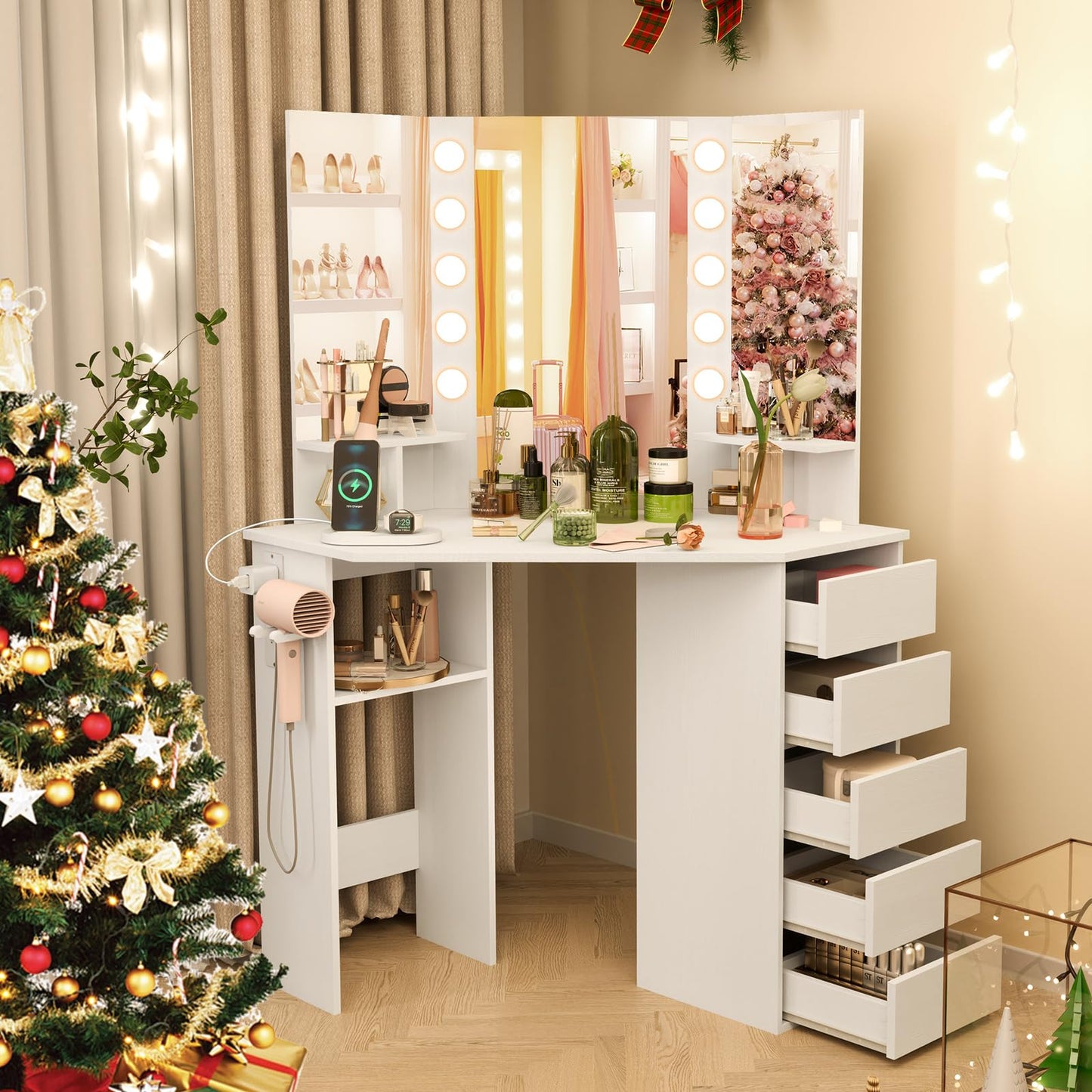 Corner Dressing Table with 3-Angle LED Lights Mirrors & Charging Station
