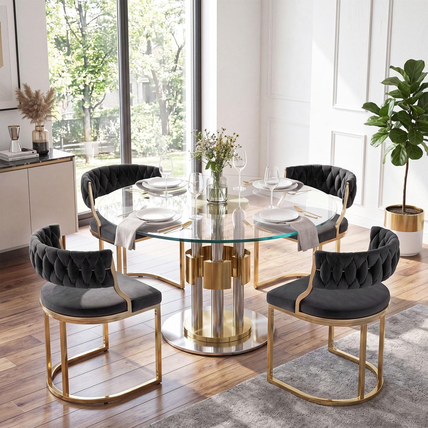 2 Pieces Velvet Dining Chairs with Curved Back and Metal Base