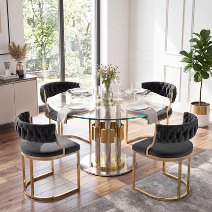 2 Pieces Velvet Dining Chairs with Curved Back and Metal Base