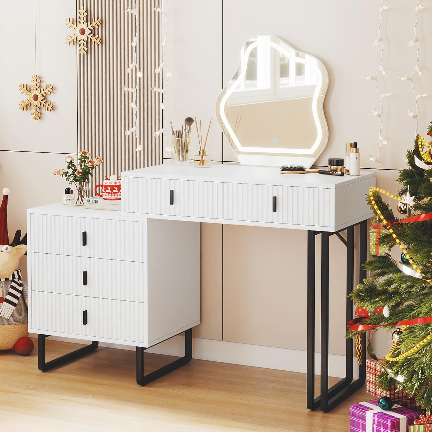Dressing Table with Leaf-Shaped LED Mirror, Wooden Fluted Makeup Table
