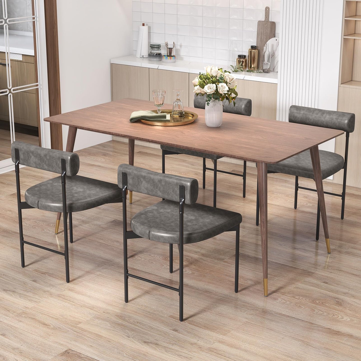 Faux Leather Upholstered Kitchen Side Chair with Curved and Padded Backrest