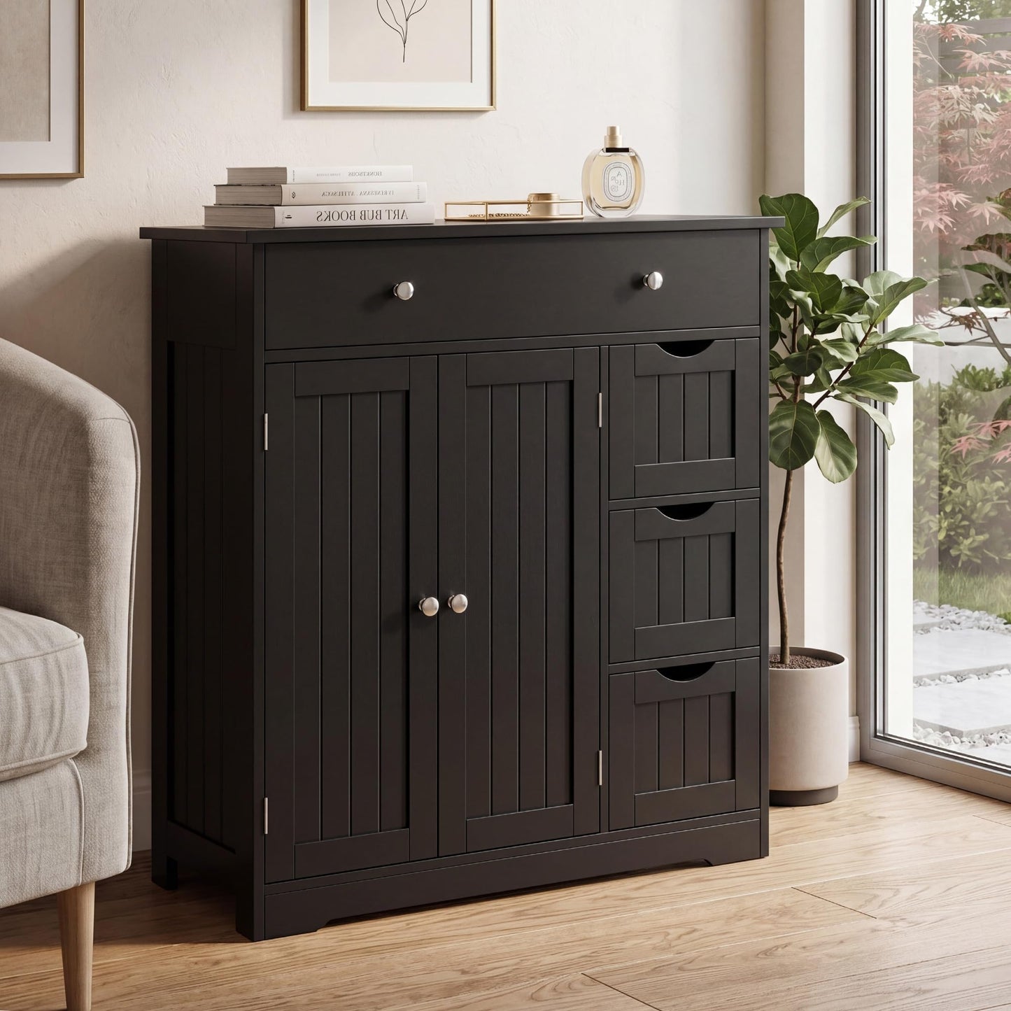 Bathroom Floor Cabinet, Freestanding Wooden Storage Cupboard with 4 Drawers