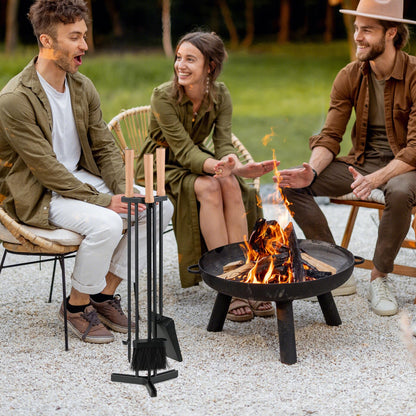 4-Piece Metal Fireplace Tools Set with Wood Handle and Base Stand Holder