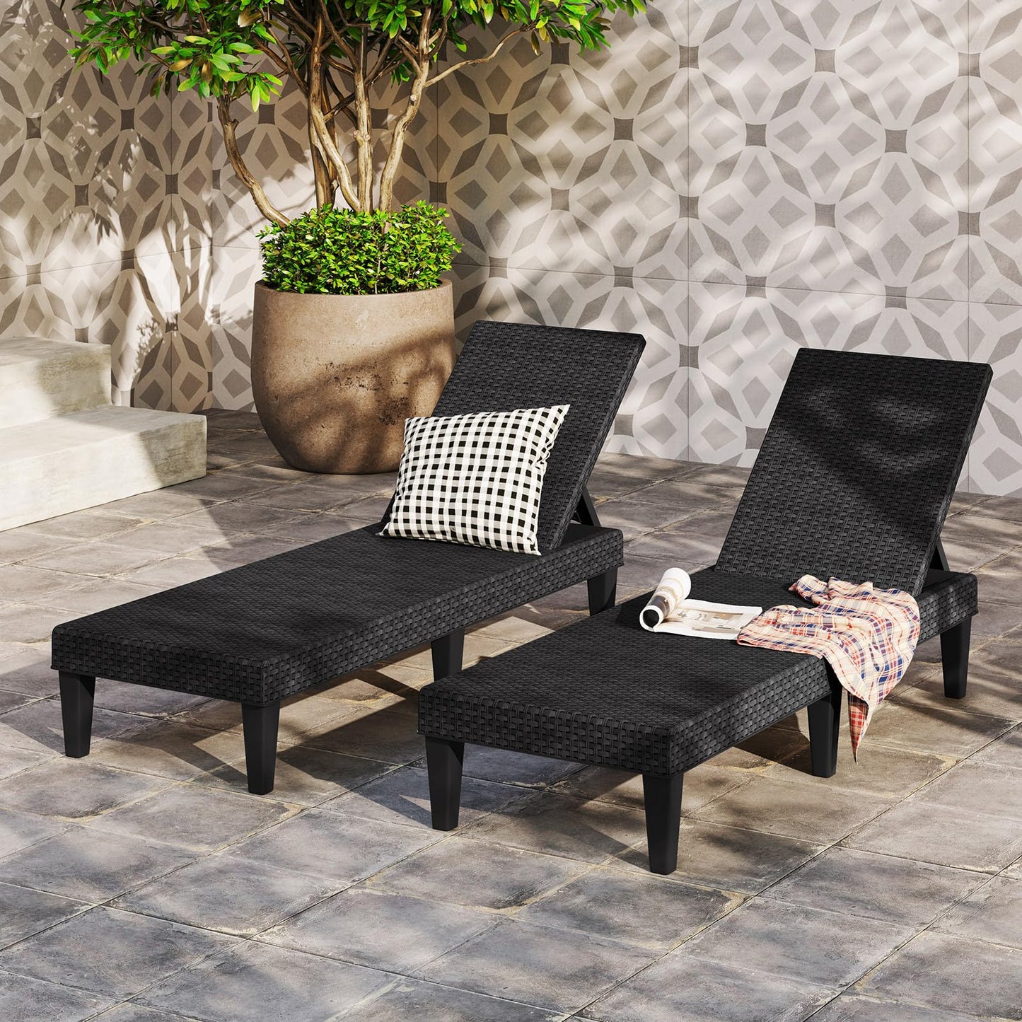 PP Rattan-Style Patio Chaise Lounge Deck Sunbed with 3-Position Adjustable Backrest and 6 Legs