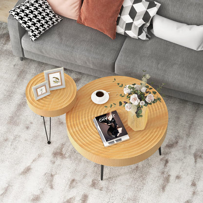 Solid Wood Center Nesting Tables Set of 2 with Water-ripple Tabletop