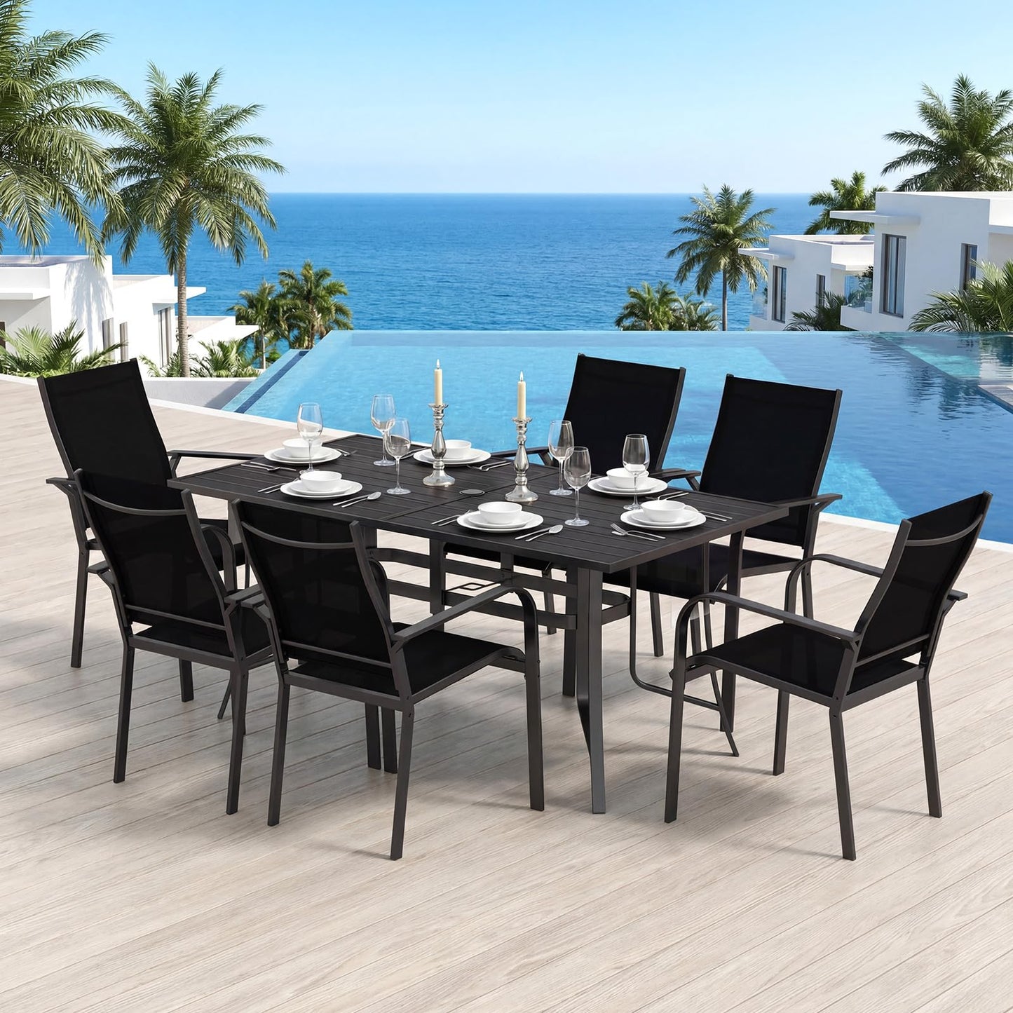 Patio Dining Table for 6 160CM Rectangle Metal Slat Table with Umbrella Hole