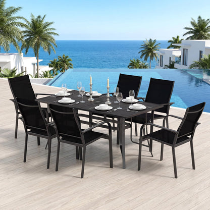 Patio Dining Table for 6 160CM Rectangle Metal Slat Table with Umbrella Hole