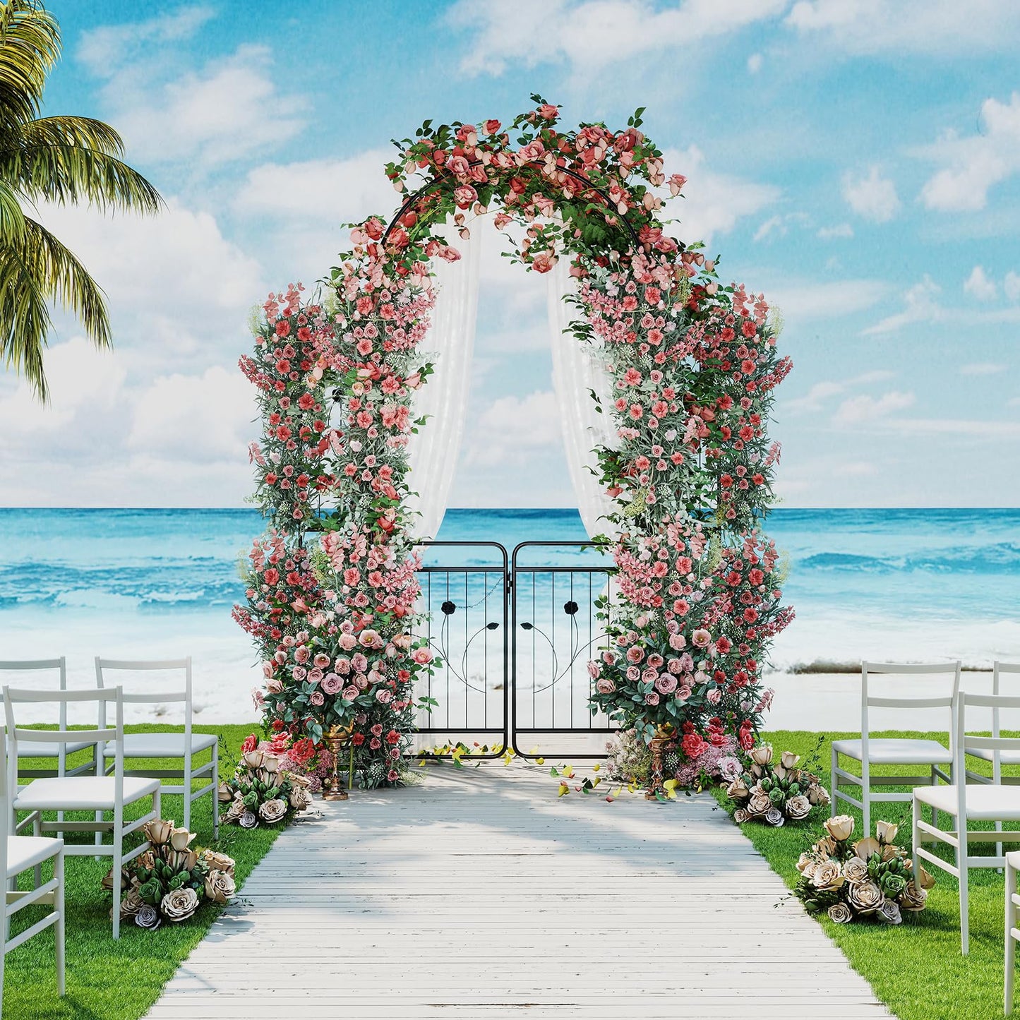 Garden Arch with Gate, Heavy Duty Plants Support Archway for Lawn Backyard Party