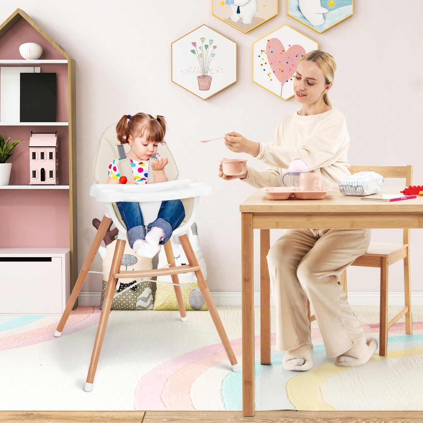 High Chair for Babies and Toddlers, Wooden Baby Highchair