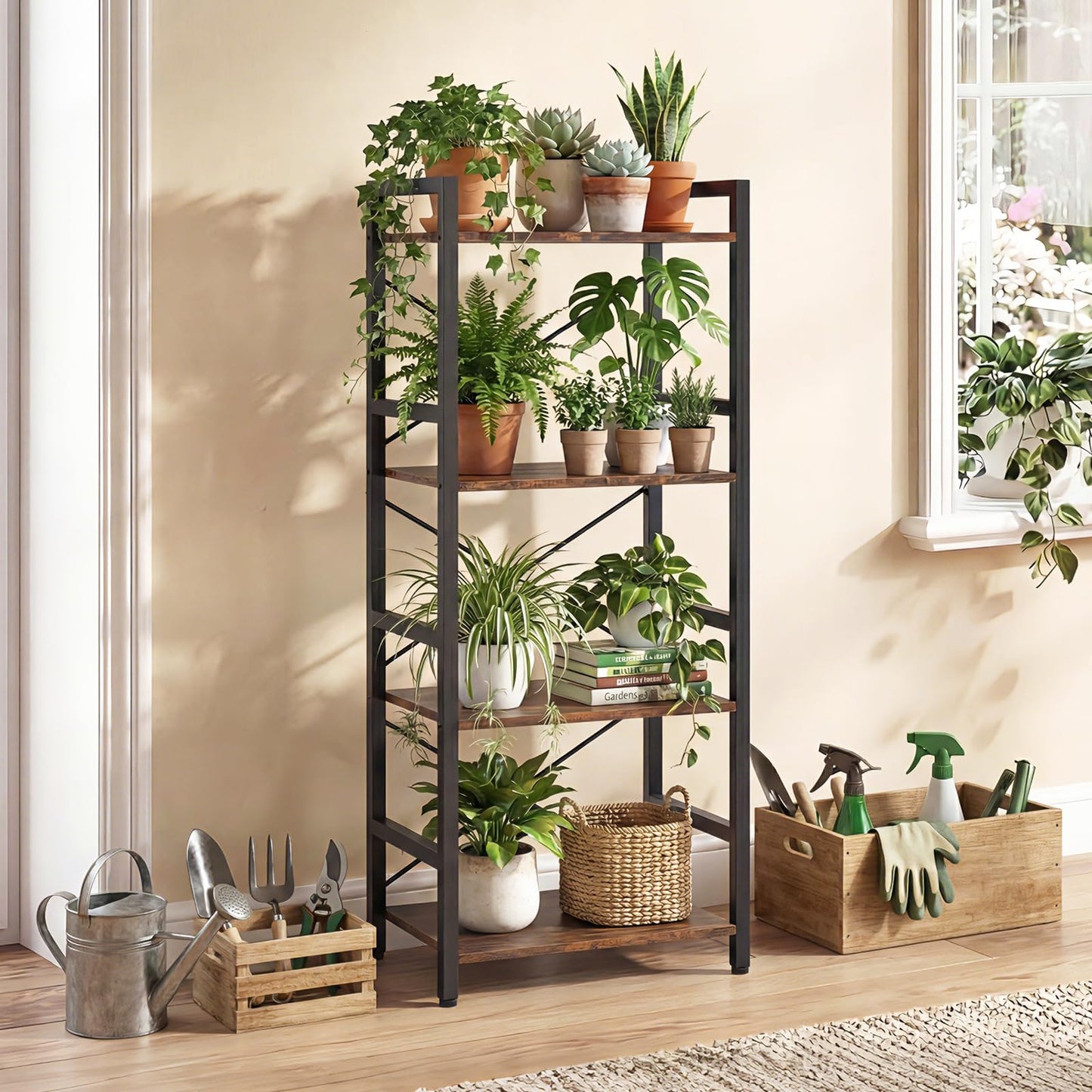 Wooden Storage Bookcase Ladder Shelving Unit with X-Shaped Bar