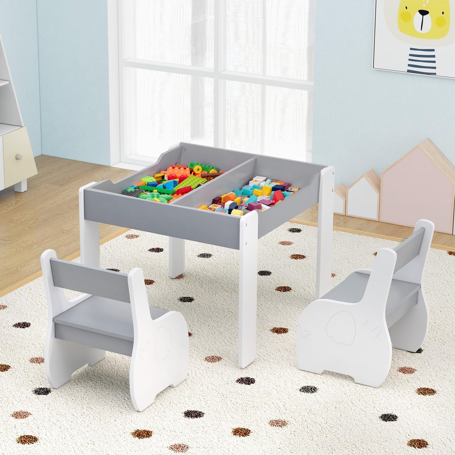 Wooden Kids Table and Chair Set with Hidden Storage