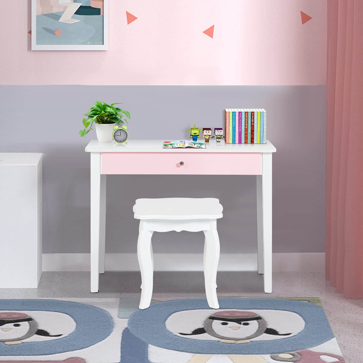 Kids Vanity Table and Stool Set Princess Makeup Dressing Table