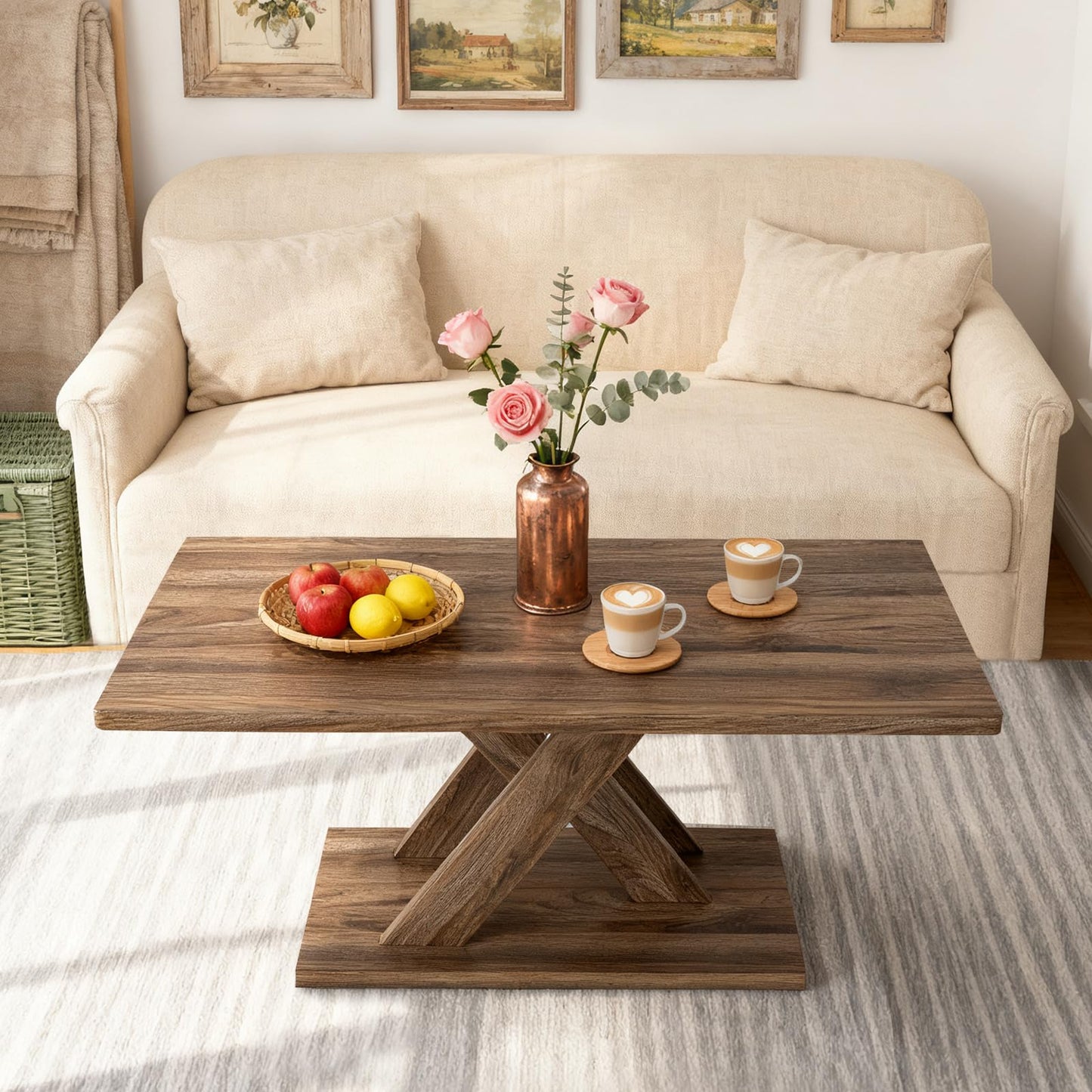 Farmhouse Coffee Table, Rectangle Cocktail Center Table Unit