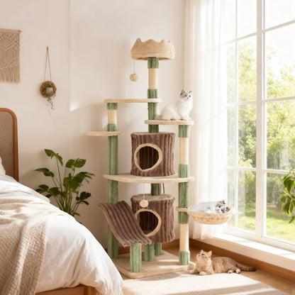 Cat Tree, 163cm Tall Modern Cats Tower with Plush Perch, 2 Condos, Basket Bed