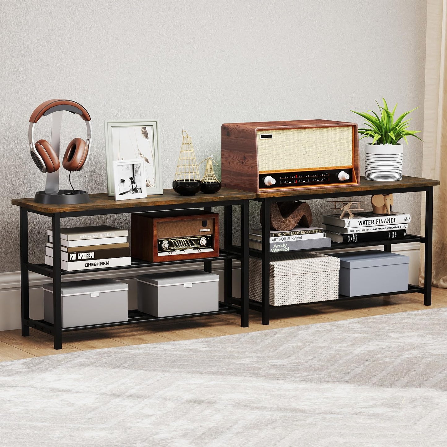 3-Tier Shoe Storage Bench with Metal Slat Shelves and Long Wooden Seat