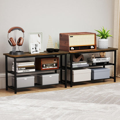 3-Tier Shoe Storage Bench with Metal Slat Shelves and Long Wooden Seat