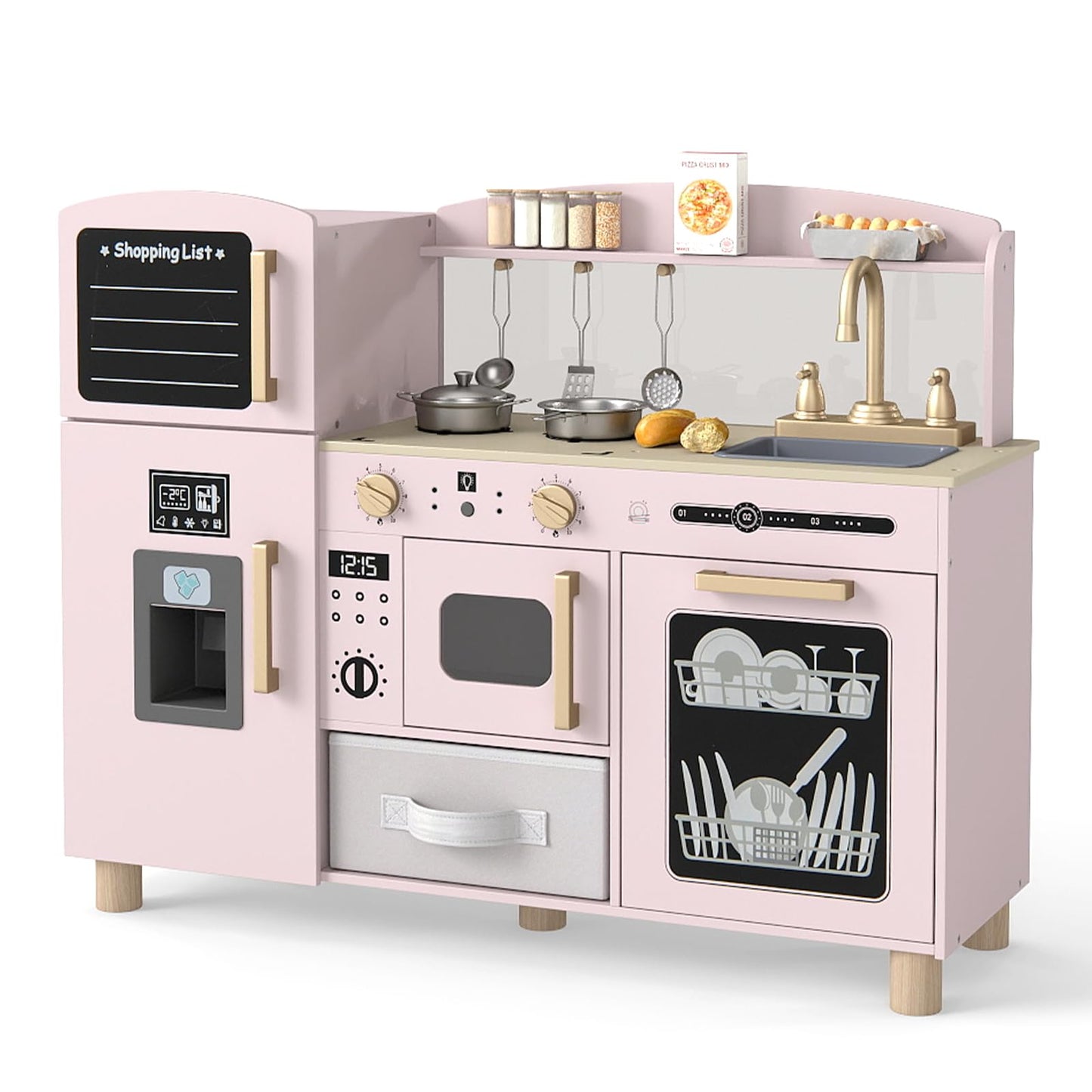 Wooden Kids Play Kitchen with Ice Maker and Fabric Drawer