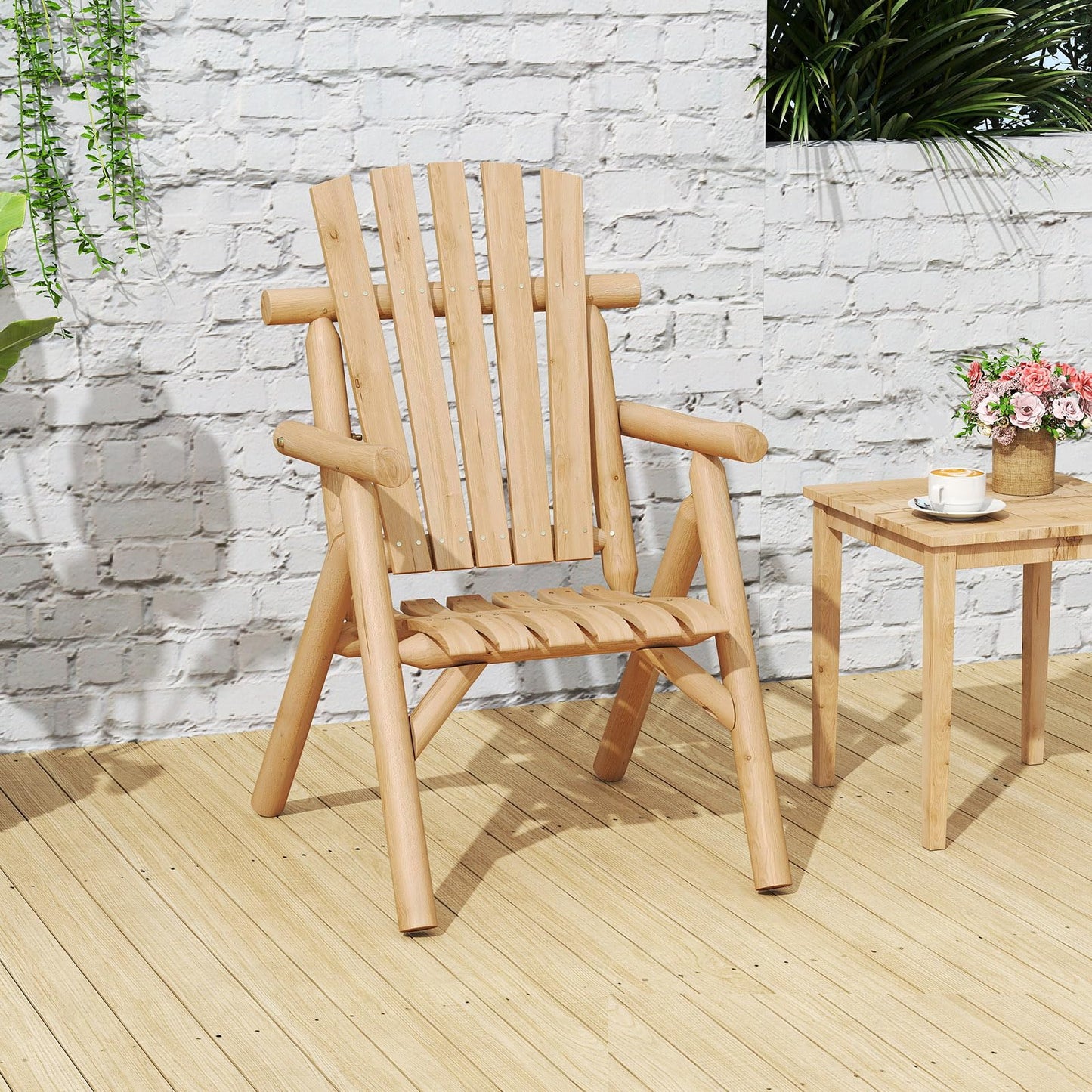 1-Person Garden Chair, Log Wood Fire Pit Lounge Chair with Slatted Backrest