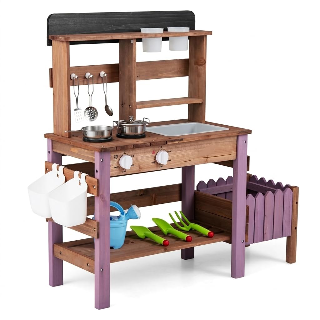 Kids Mud Kitchen, Garden Potting Bench with 2 Planting Pots, 2 Storage Bins, 2 Trowels