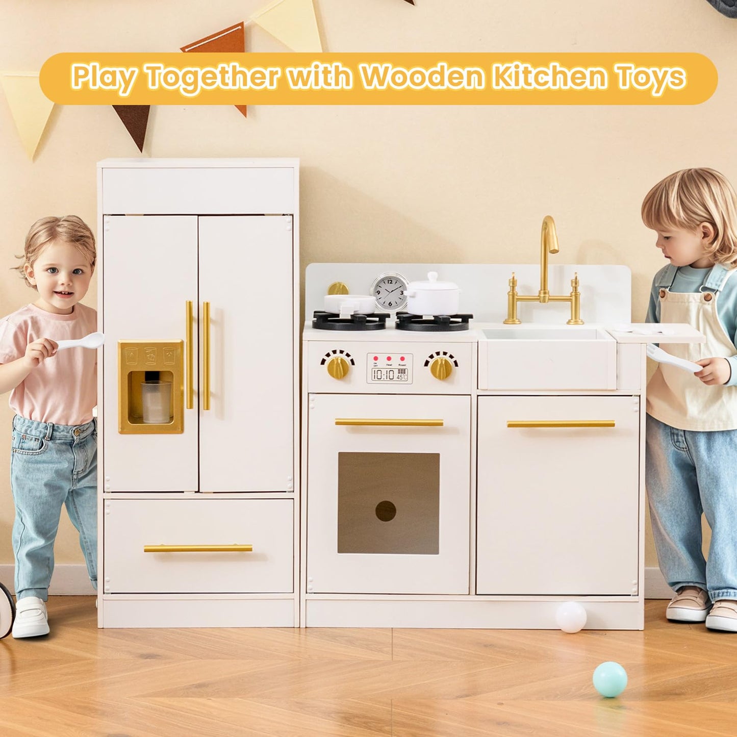 Toddler Wooden Pretend Toy Kitchen Playset with Refrigerator Stove Sink