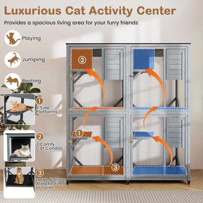 Spacious Fir Wood Outdoor Cat Enclosure with 2 Rest Nooks and 4 Activity Platforms