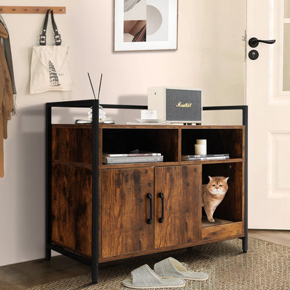 Wooden Cat Litter Box Enclosure with Compartments and Scratching Board