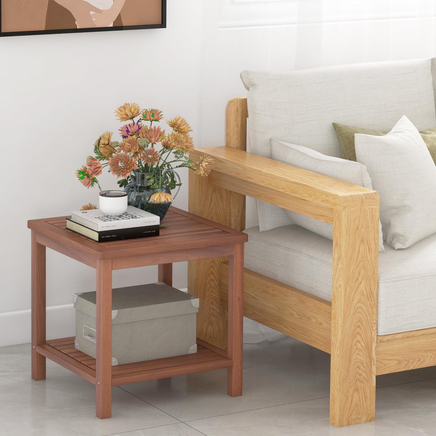 Solid Acacia Wood Outdoor Coffee Table with 2-Tier Storage Shelves