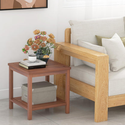 Solid Acacia Wood Outdoor Coffee Table with 2-Tier Storage Shelves
