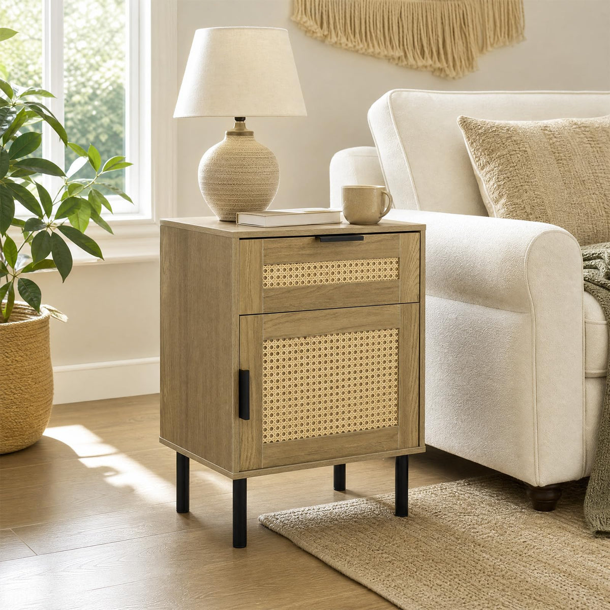 Rattan Bedside Table, End Sofa Side Table with Drawer