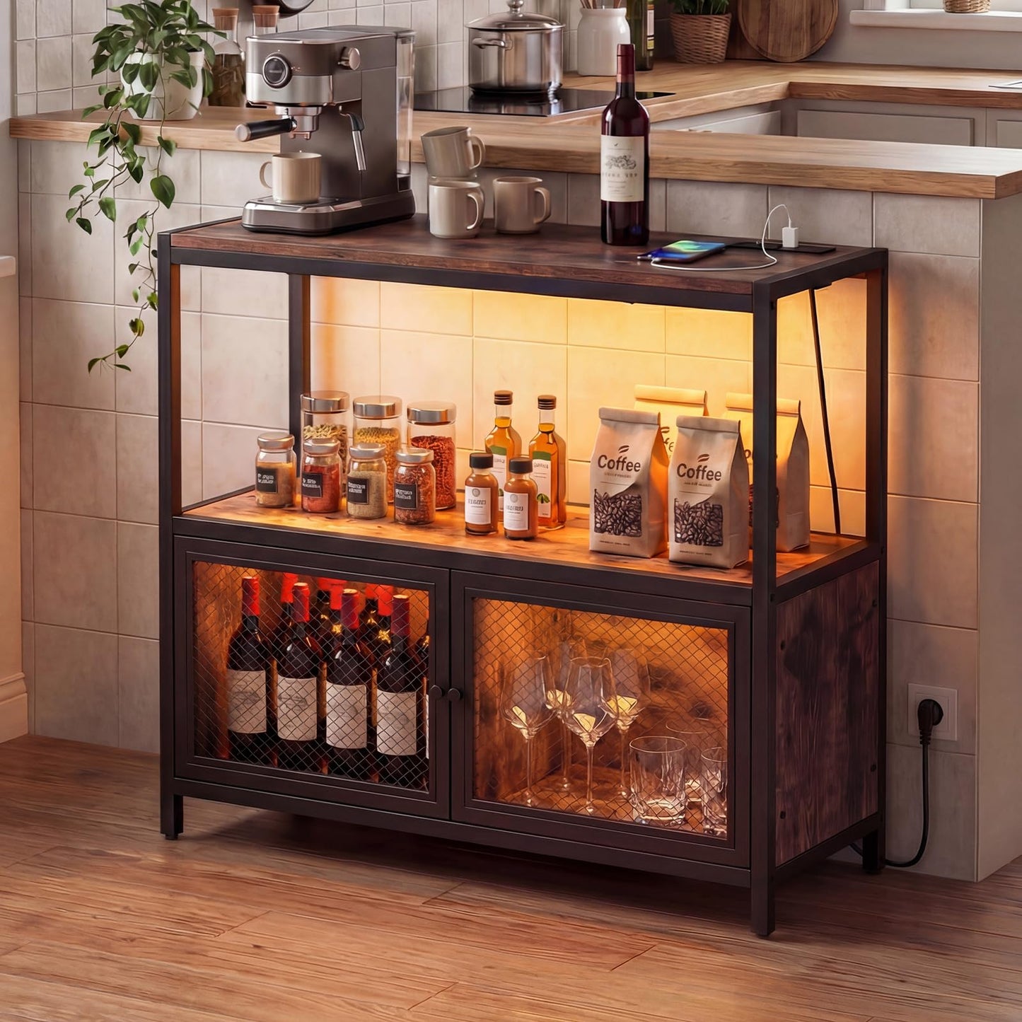 Coffee Bar Cabinet with LED Lights Charging Station & Open Shelf for Kitchen