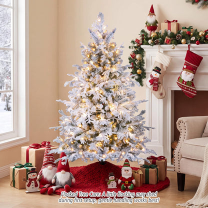 5/6FT Pre-lit Artificial Christmas Tree, Snow Flocked Full Xmas Tree