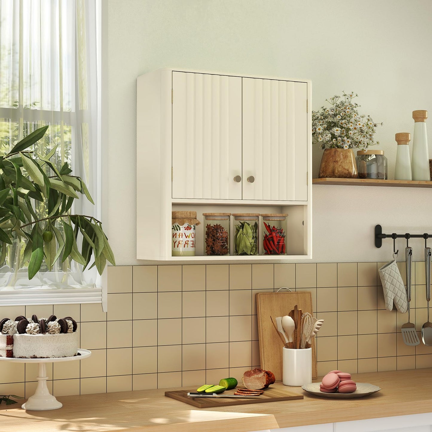 Fluted Bathroom Wall Cabinet Modern Double Door Medicine Cabinet